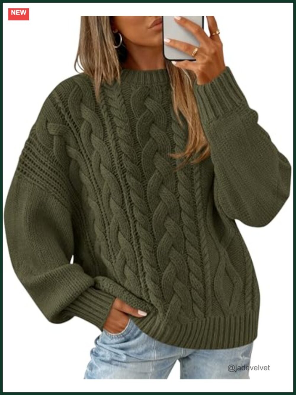 Women's Oversized Cable Knit Crewneck Pullover Sweater Batwing Sleeve